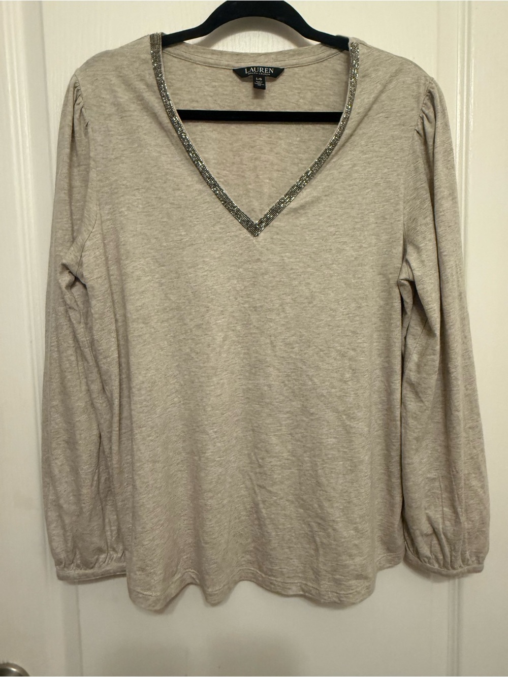 Ralph Lauren Beaded Trim Long Sleeve Heather Grey Top Size Large